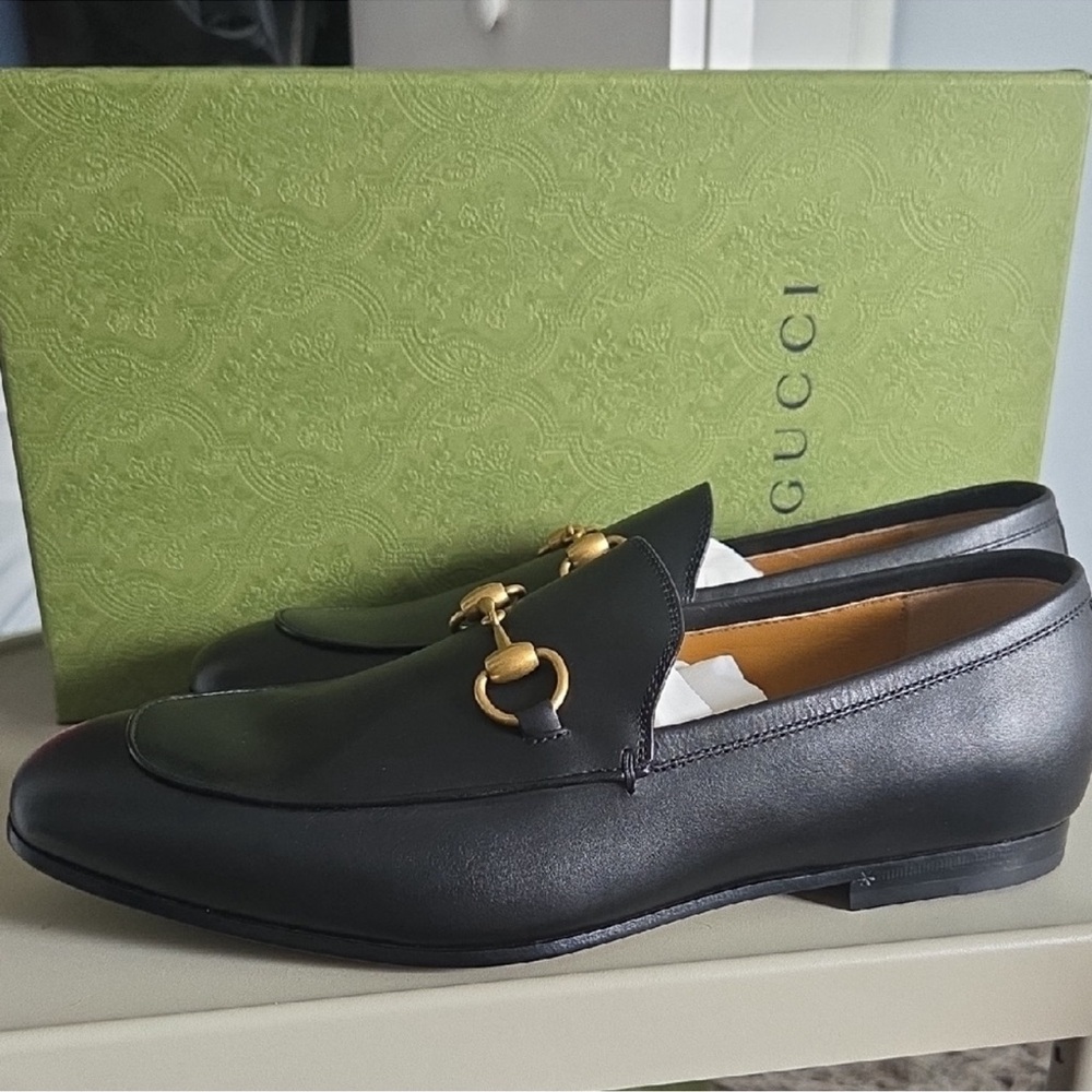 Gucci Black Leather Loafers with Gold Horse-Bit Accent Sz 10.5 - Picture 2 of 6